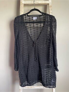 Black Crochet V-Neck Swim Coverup with Tie